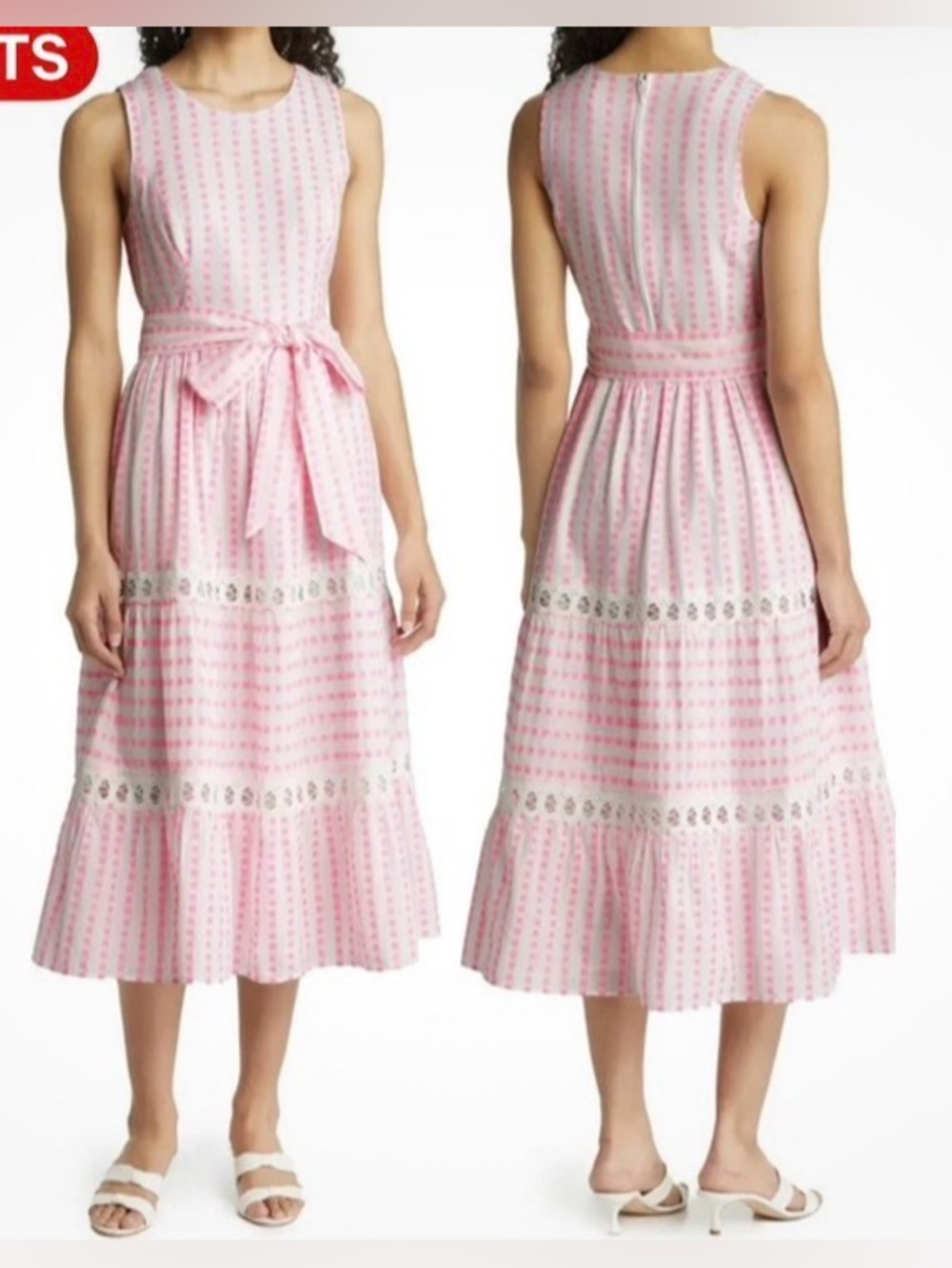Lilly Pulitzer Pink & White Sleeveless Tiered Midi Dress with Waist Tie